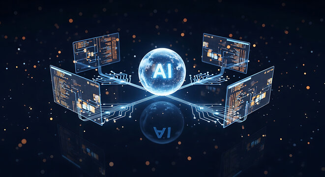 Futuristic ai concept with glowing blue orb and computer screens in space