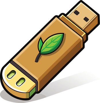 3D eco-friendly USB flash drive with green leaf symbol on wooden texture for Eco-Friendly Tech, Perfect for Adobe Stock Eco-Friendly Branding and Environmental Awareness Campaigns