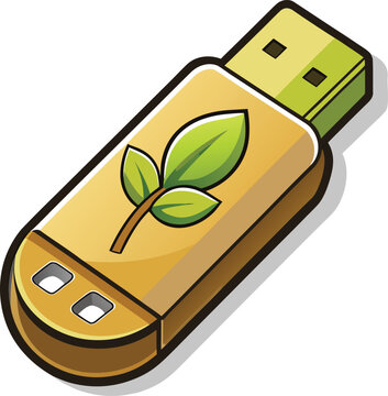 Eco-friendly USB flash drive with green leaf design on wooden surface for Eco-Friendly Tech, Perfect for Adobe Stock Eco-Friendly Branding and Environmental Awareness Campaigns