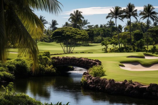 Lush tropical golf course featuring a stone bridge, water hazard, green fairways, and palm trees