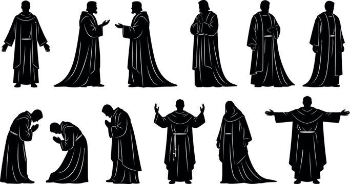 Set of Christian Monk Silhouettes in Prayer and Worship Poses Traditional Religious Figures for Spiritual Design and Theological Illustrations