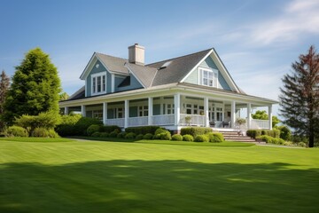 Residential house featuring a large wrap around porch and well maintained green lawn