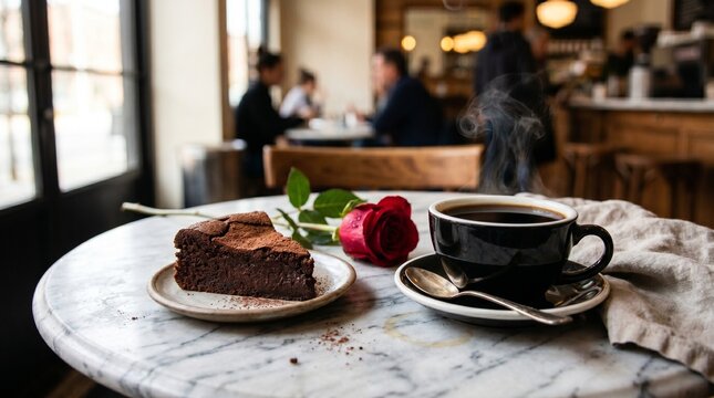 Hot coffee with chocolate cake and red rose on marble table in cozy cafe