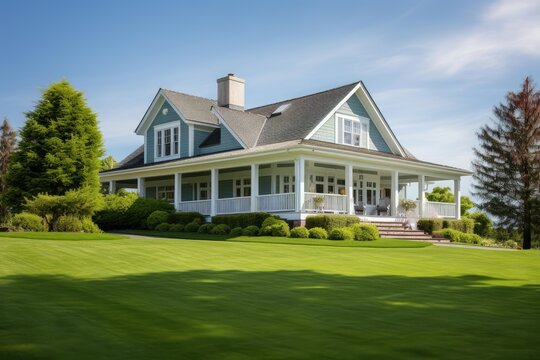 Residential house featuring a large wrap around porch and well maintained green lawn