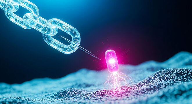 Glowing pink microchip with a chain breaking through on a blue background