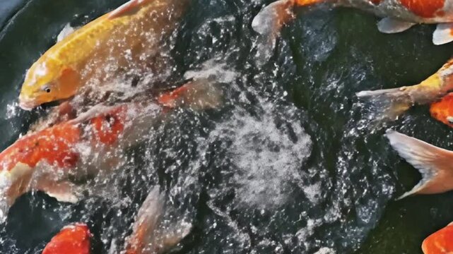Colorful Koi Fish Swimming in Pond Water With Ripples and Bubbles