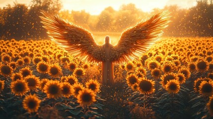 Fototapeta premium Golden angel with outstretched wings standing in a vibrant sunflower field at sunset surrounded by glowing light and petals