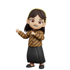 3D cartoon girl character in a brown batik shirt pointing her finger to the side to show direction or promotional content.