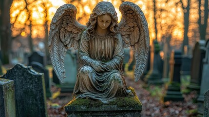 Obraz premium Serene angel statue in peaceful cemetery at sunset surrounded by gravestones and autumn trees