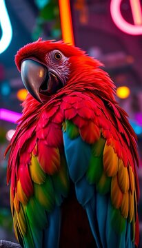 Crimson parrot feathers shimmer, a tilted, oversaturated burst of avian splendor ,  vivid,  dynamic