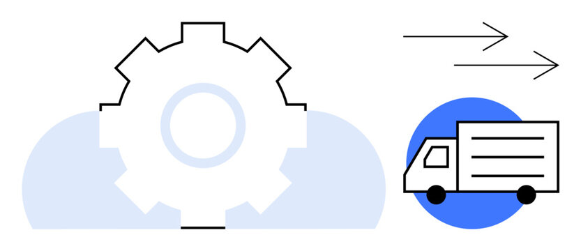 Logistics, supply chain, cloud computing, digital transformation, innovation, delivery. Gear, cloud arrows and truck graphic. Logistics and cloud computing concept for efficiency and innovation