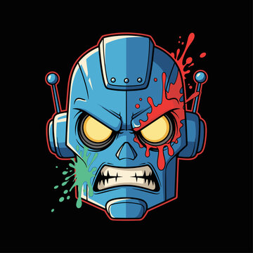 Angry robot head with yellow eyes.