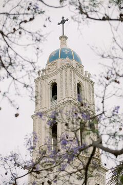 Architecture of the Immaculata Parish church tower in San Diego