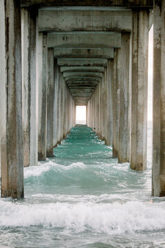 Perspective view under the concrete pillars of Scripps Pier