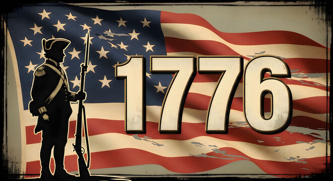 Revolutionary soldier holding flag with 1776 text vintage illustration illustration