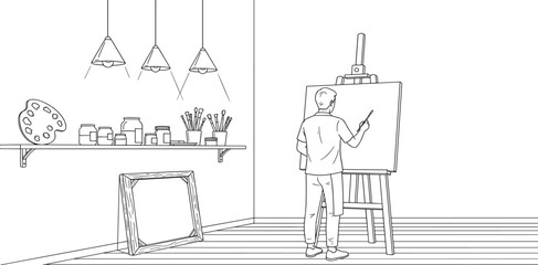 Fototapeta premium Artist Drawing on an Easel in a Creative Studio with Art Supplies, Canvas, and Modern Design Elements for Inspirational Digital Media Projects