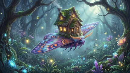Fototapeta premium Whimsical illustration of a flying house on a colorful moth in a mystical forest