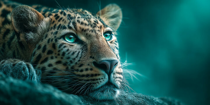 weary leopard resting head on paws in dark emerald green forest shadows