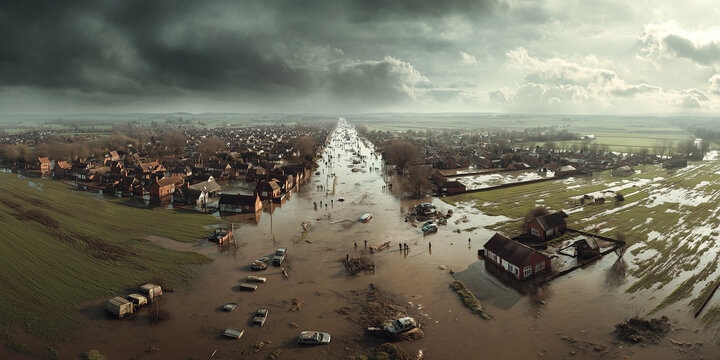 widespread devastation and flooding in a rural countryside village and farmland after dam breach