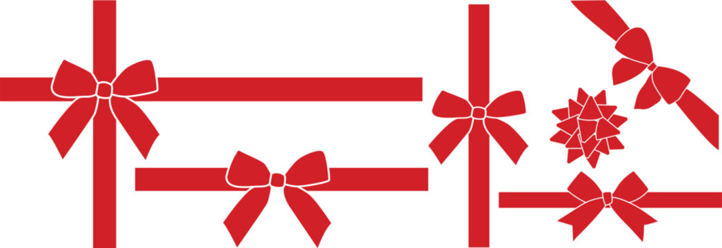Red bow ribbon gift wrap set, flat elegant knot collection with cross ribbon styles, perfect for Christmas, birthday, Valentine, luxury packaging and label design.