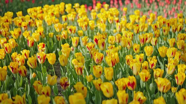 Yellow tulip field with red streaks at spring flower festival