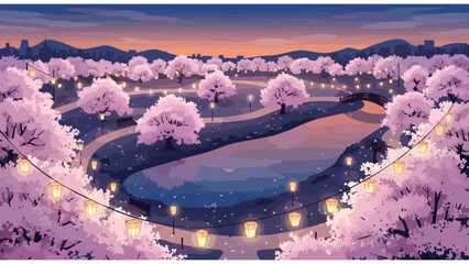 Serene Cherry Blossom Park Evening Landscape with Lanterns for Spring Marketing & Travel © aliando