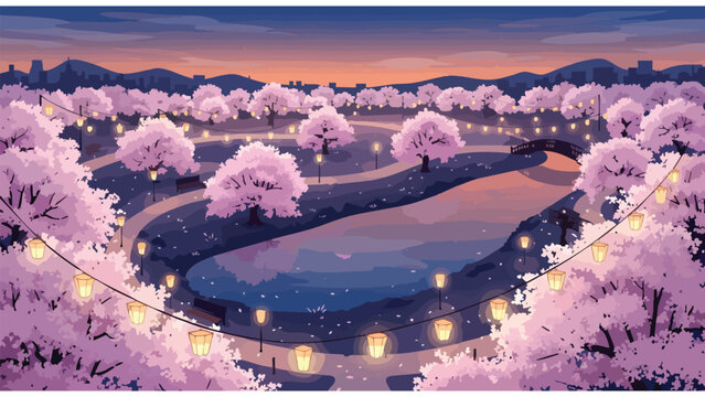 Serene Cherry Blossom Park Evening Landscape with Lanterns for Spring Marketing & Travel