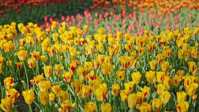 Yellow tulips with red streaks blooming at spring festival