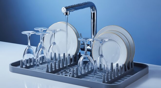 A modern compact dish drying rack with a raised edge, featuring plates and glasses under running water from a faucet.