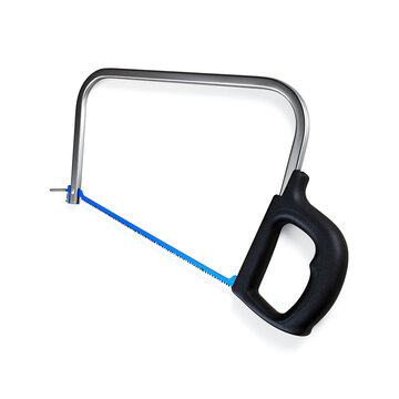 High-tension metal hacksaw frame with a sharp blue bi-metal blade and ergonomic black handle, professional commercial product photography, isolated on white background