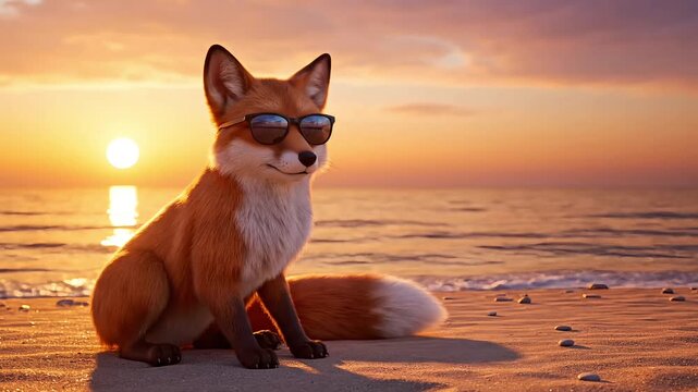 Cool fox wearing sunglasses relaxing on a beach at sunset