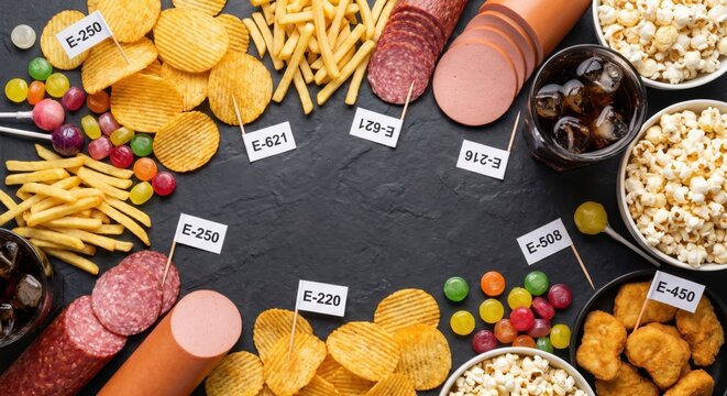 Unhealthy food frame with chips, French fries, salami, sausage, popcorn, candies, nuggets and cola labeled with E-number flags, top view with copy space, concept of harmful additives and junk food