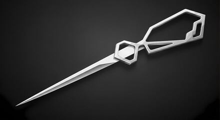 Obraz premium Sleek and sharp, a futuristic weapon with intricate geometric design, rendered in metallic silver, poised for action in an advanced setting