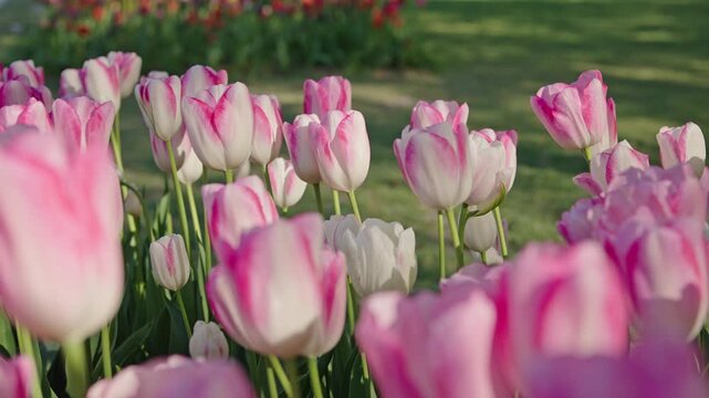 Soft pink and white tulips blooming at Morges Tulip Festival