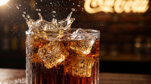 Refreshing glass of cola with ice cubes splashing in bar setting  