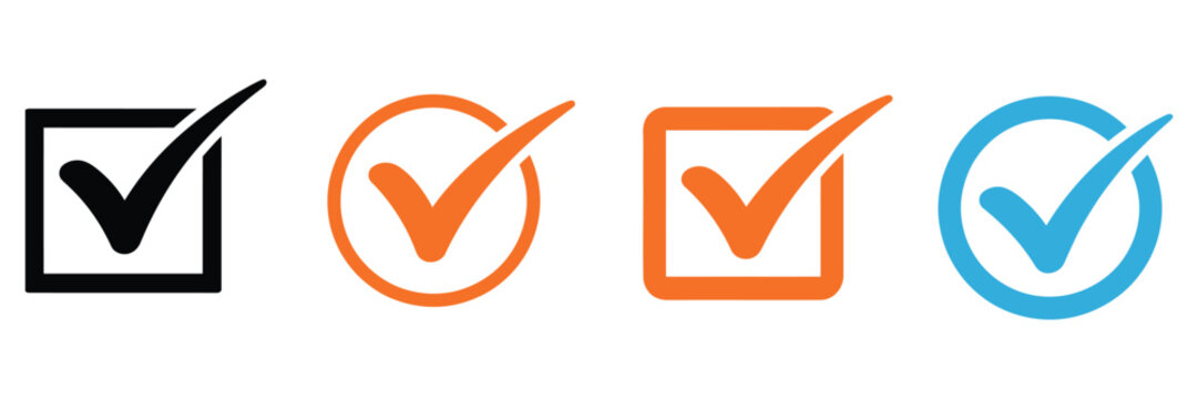 Checkmark icon, colorful circle square symbols, approval confirmation concept, validation success signs, interface vector illustration