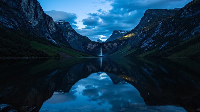 Serene mountain lake reflection at dusk with majestic rugged peaks