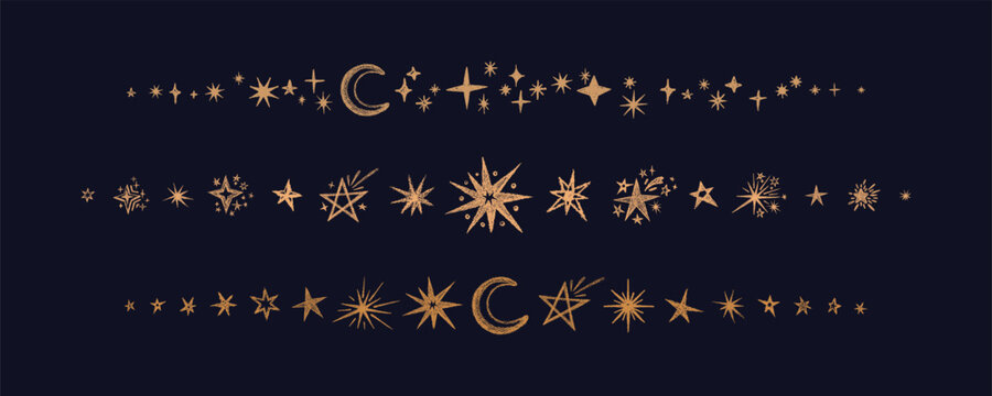 Celestial moon and stars create a magical border pattern with golden ornament. Collection perfect for mystical backdrop, astrology hand drawn design and cosmic art pencil print with vintage charm