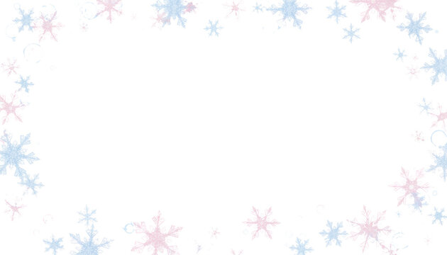 Pastel snowflake border on white background, winter holiday frame with soft blue and pink ice crystals, festive seasonal greeting card template