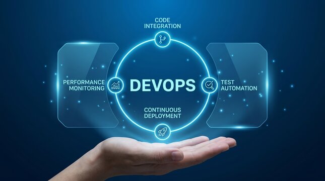 Hand holding devops concept with performance monitoring and test automation