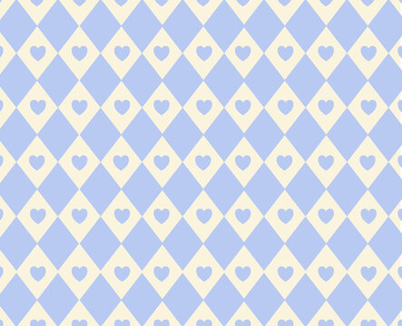 Cute argyle pattern with pastel blue hearts and cream diamonds, charming romantic geometric background / wallpaper