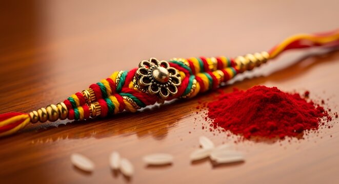 Traditional Raksha Bandhan rakhi thread with red kumkum powder and rice on a wooden surface.