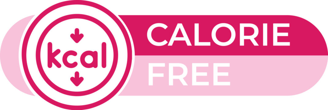 Calorie free food label vector, pink kcal icon for healthy diet products, zero calories nutritional badge, weight loss and fitness marketing graphic