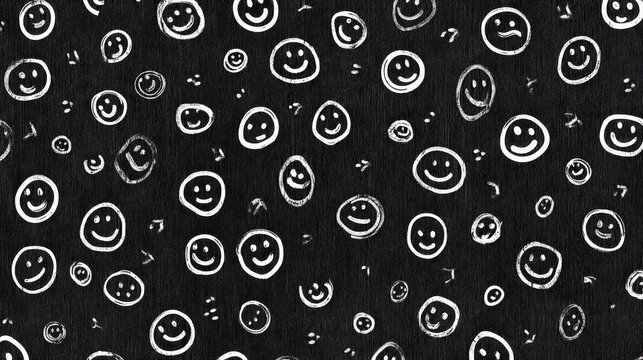 A blackboard filled with various white chalk-drawn smiley faces, each with different expressions and sizes, doodled kid friendly black background