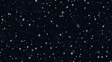 Obraz premium A dark night sky filled with numerous small white stars and snowflake-like patterns scattered throughout, doodled kid friendly black background