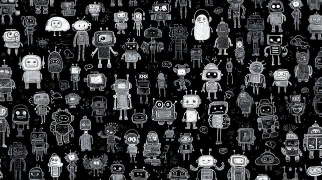A seamless black and white pattern featuring various hand-drawn robots with different shapes and expressions, doodled kid friendly black background
