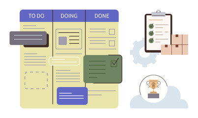 Project planning, task management, productivity, workflow, goal setting, agile methodology. Kanban board labeled To Do, Doing Done with related icons. Task management and productivity concept © robu_s