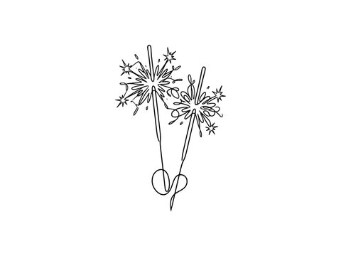 continuous line art of two glowing sparklers emitting light and stars, capturing the magic of intimate celebrations and festive moments.