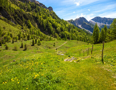 Scenic view from hiking trail from Parcheggio Baite di Mezzeno to Lago Branchino in late spring in Bergamo Alps,  Roncobello, Bergamo, Italy