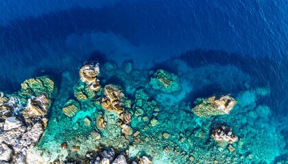 Fototapeta premium Aerial view of rocky coast with clear turquoise and dark blue waters